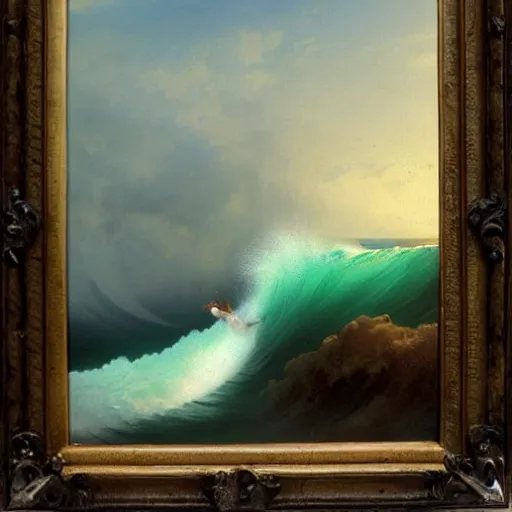Image similar to a detailed matte painting of a long-haired gnome surfing huge ocean wave on a surfboard, painting by Ivan Aivazovsky