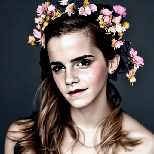 Image similar to emma watson with a multiflower crown princess, sensual, beautiful soft light failling on her face, studio photography, nikon 3 5 mm portrait photography, ultra realistic