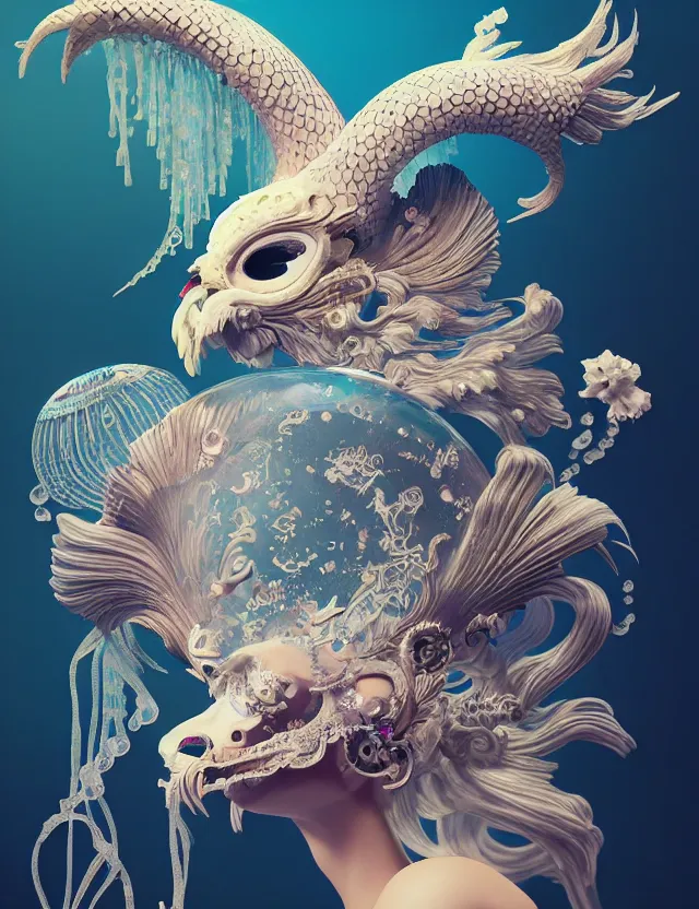 Image similar to 3 d goddess bottom - up with ram skull. beautiful intricately detailed japanese crow kitsune mask and clasical japanese kimono. betta fish, jellyfish phoenix, bio luminescent, plasma, ice, water, wind, creature, artwork by tooth wu and wlop and beeple and greg rutkowski