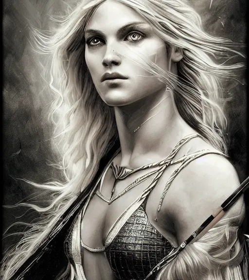 Image similar to portrait of astonishing aphrodite goddess as an archer warrior, arrow, beautiful piercing eyes, flowing blonde hair, realistic face, black and white drawing, in the style of greg rutkowski, fantasy, amazing detail, epic, intricate, elegant, smooth, sharp focus