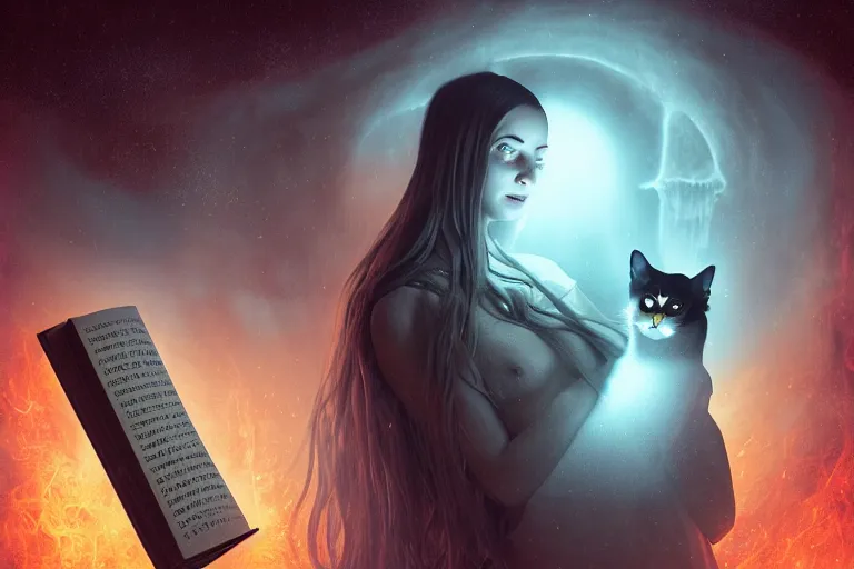 Image similar to romantic photo of bright girl, her cat and her book of necronomicon, symmetrical, cinematic, real dlsr photography, sharp focus, 4 k, ultra hd, sense of awe, sinister demonic atmosphere, dreadful, forbidden knowledge, old gods, cthulhu, yog - sothoth! yah, yah, yah! cultist journal cover