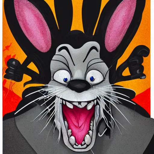 Prompt: A extremely highly detailed majestic hi-res beautiful, highly detailed head and shoulders portrait of a scary terrifying, horrifying, creepy crazy black cartoon rabbit with scary big eyes, earing a shirt laughing maniacally , let's be friends, in the style of Walt Disney