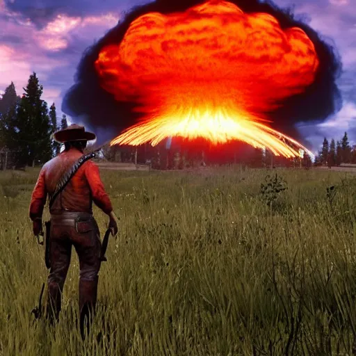 Image similar to nuclear explosion with huge mushroom cloud, rdr 2 screenshot