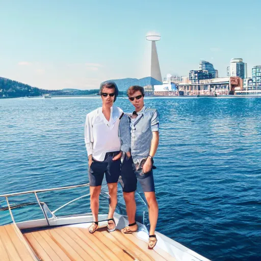 Prompt: two handsome men in their expensive yatch one fine summer day in Oslo