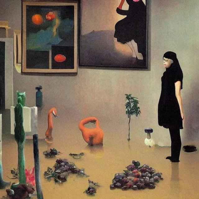 Prompt: tall female emo artists in their flooded apartment, painting of flood waters inside an artist's home, a river flooding indoors, pomegranates, pigs, ikebana, zen, water, octopus, river, rapids, waterfall, black swans, canoe, berries, acrylic on canvas, surrealist, by magritte and monet