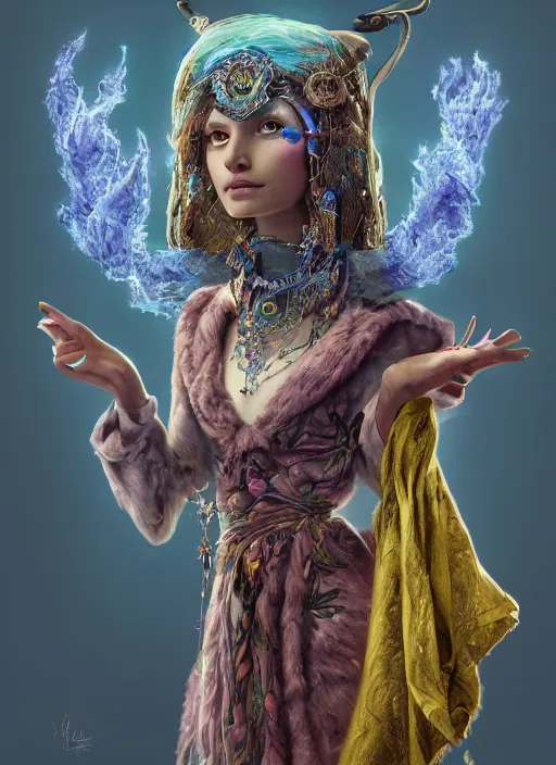 Image similar to an anthropomorphic beautiful goddess female wizard made of owl portrait holding a staff wearing colourful robe, fine art, award winning, intricate, elegant, sharp focus, octane render, hyperrealistic, cinematic lighting, highly detailed, digital painting, 8 k concept art, art by jamie hewlett and z. w. gu, masterpiece, trending on artstation, 8 k