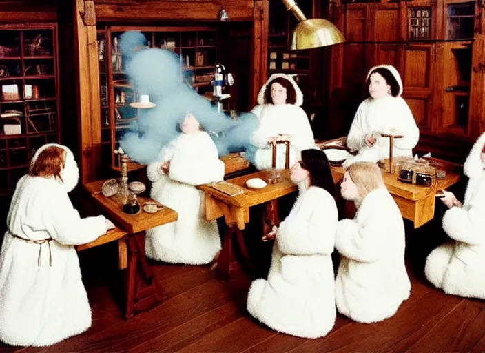 Image similar to realistic photo of a group of medieval female scientists wearing white shorts, beautiful faces covered with white plates, watching at a levitating fluffy furry cloud, in a living room laboratory with many wooden gadgets made of wood interior is made of wood 1 9 9 0, life magazine reportage photo, natural colors