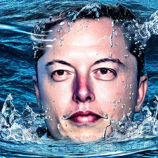 Prompt: water artwork manipulation in the shape of the head of elon musk, on the ocean water, ray tracing, realistic water sharp focus, long shot, 8 k resolution, cinematic, amazing water art