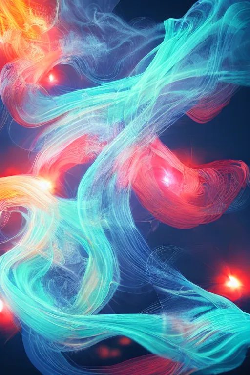 Image similar to swirling light streaks and ornate flowing smoke streams and smooth particle effects, fume fx, redshift