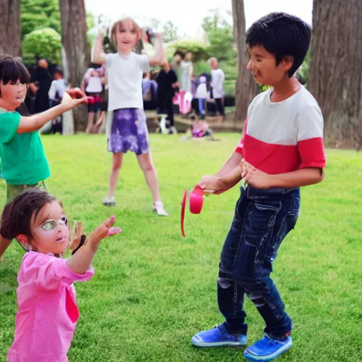 Prompt: many small kids playing yoyo yoyoing yomega