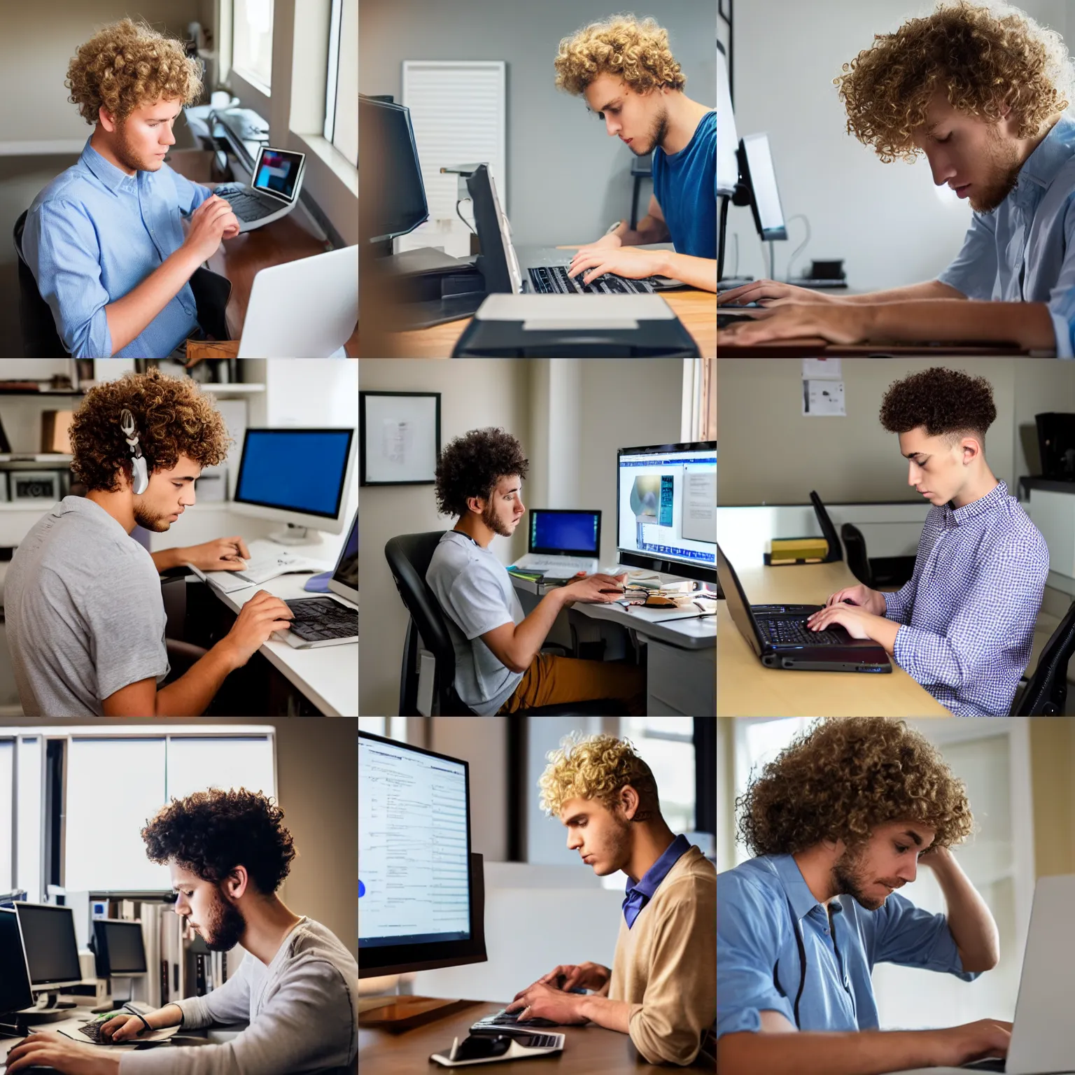 Prompt: a young man with curly blonde hair works diligently on his computer