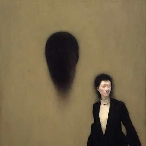 Prompt: portrait of young female in tuxedo suit with pale white skin and short black hairs, full body, painting by Beksinski