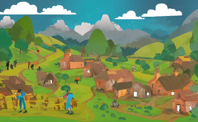 Prompt: some villagers busy farming in a small village in a valley, a dragon approaching from a distance, vector, storybook, complimentary colors, gouache, flat, sharp edges, concept art, print