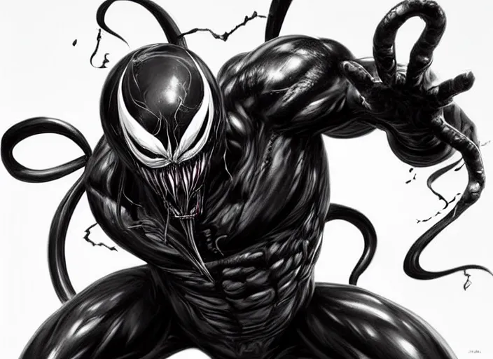 Image similar to artwork of venom by artgerm, amano yoshitaka, berkey john, bowater charlie