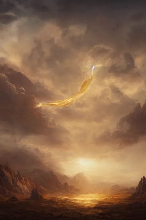 Image similar to breathtaking detailed soft painting of a dozens of flying swords of light, in golden clouds above a desert castle, strokes of mist and scarlet ribbons, german romanticism style, volumetric lighting, concept art, matte, sharp focus, art by celestialfang, matchach, juanmao, dustin panzino, trending on artstation