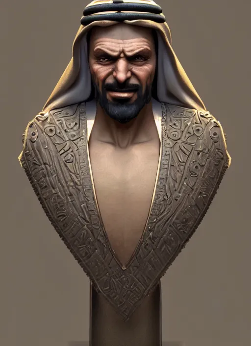 Prompt: bust of sheikh mohammad ruler of dubai, drak fantasy goblin, head and torso only, cinematic lighting, studio quality, smooth render, unreal engine 5 rendered, octane rendered, art style by klimt and nixeu and ian sprigger and wlop and krenz cushart.