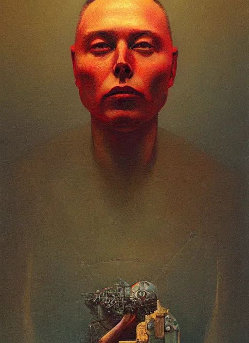 Prompt: A painting in a style of Beksinski featuring Elon Musk. Very detailed, symmetry