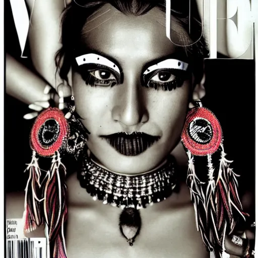 Image similar to a beautiful professional photograph by hamir sardar, herb ritts and ellen von unwerh for the cover of vogue magazine of a beautiful and unusually attractive native yanomami female fashion model with a face tattoo looking at the camera in a flirtatious way, leica 5 0 mm f 1. 8 lens