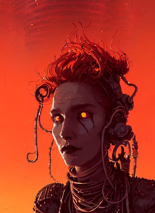 Prompt: highly detailed portrait of wasteland punk long curly fire hair tribal lady, stray wiring by atey ghailan, james gilleard, by joe fenton, by greg rutkowski, by greg tocchini, by kaethe butcher, 4 k resolution, gradient red, orange, black and white color scheme!!! ( ( burning flaming robotic dystopian city background ) )