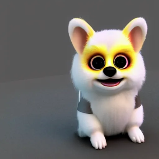 Image similar to corgi furby toy, concept art, highly detailed, extremely cute, 3 d render