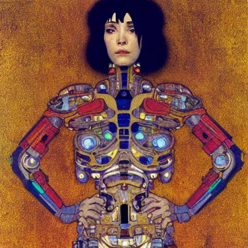 Prompt: Portrait of a Cyborg from Ghost in the shell by Gustav Klimt, cyberpunk noir, aesthetic, masterpiece