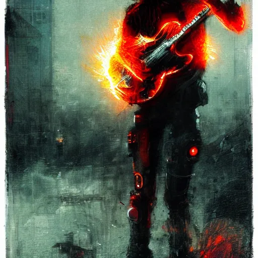 Image similar to a cyborg playing guitar, flames shooting from guitar, ruined street, blood moon, by Jeremy Mann, stylized, detailed, realistic, loose brush strokes