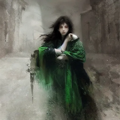 Image similar to a young man of just 14 with Snow White white white white!!! hair and glowing green eyes who can walk through walls, disappear, and fly. Ruan Jia. Alayna Danner