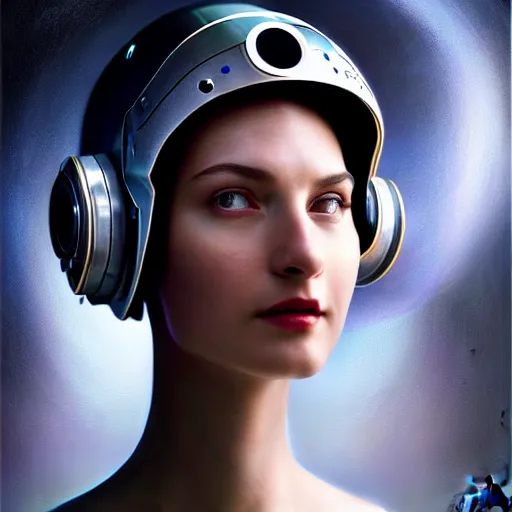 Image similar to portrait of the beautiful young robotic pilot of jets, surreal, fantasy, intricate, mechanical, elegant, dramatic lighting, emotionally evoking symbolic metaphor, highly detailed, gears, lifelike, photorealistic, digital painting, painterly, artstation, concept art, smooth, head in focus, sharp focus, background aerial battle, illustration, art by John Collier and Krenz Cushart and Artem Demura and Alphonse Mucha and Albert Aublet,