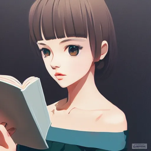 Image similar to portrait by ilya kuvshinov of a beautiful girl reading a book, slight smile, symmetrical face, trending on pixiv, fhd, detailed, subdued color palette