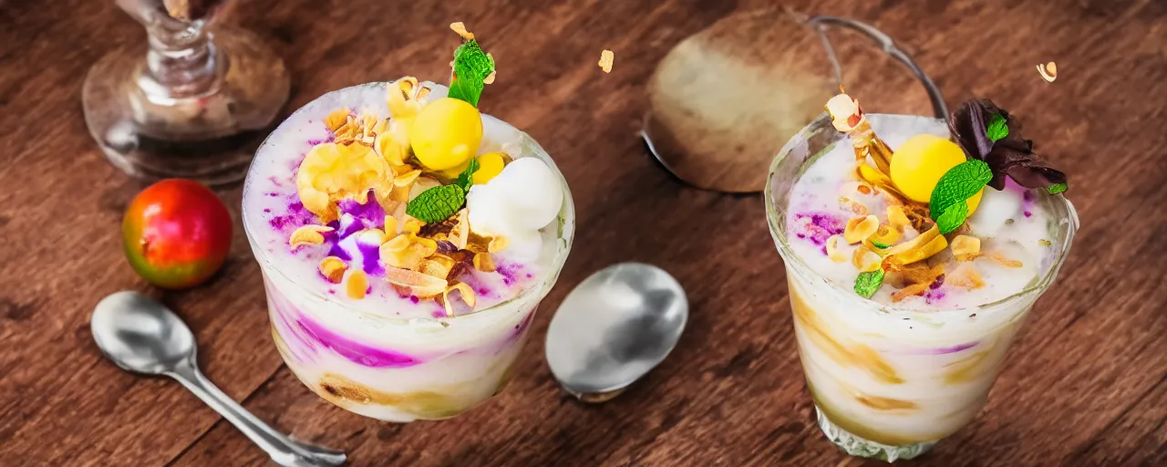 Image similar to halo - halo from kuya j's, depth of field, food photography, isometric, delicious, wide shot, studio, bokeh, gmaster, cooking, food, kodak, sony, canon