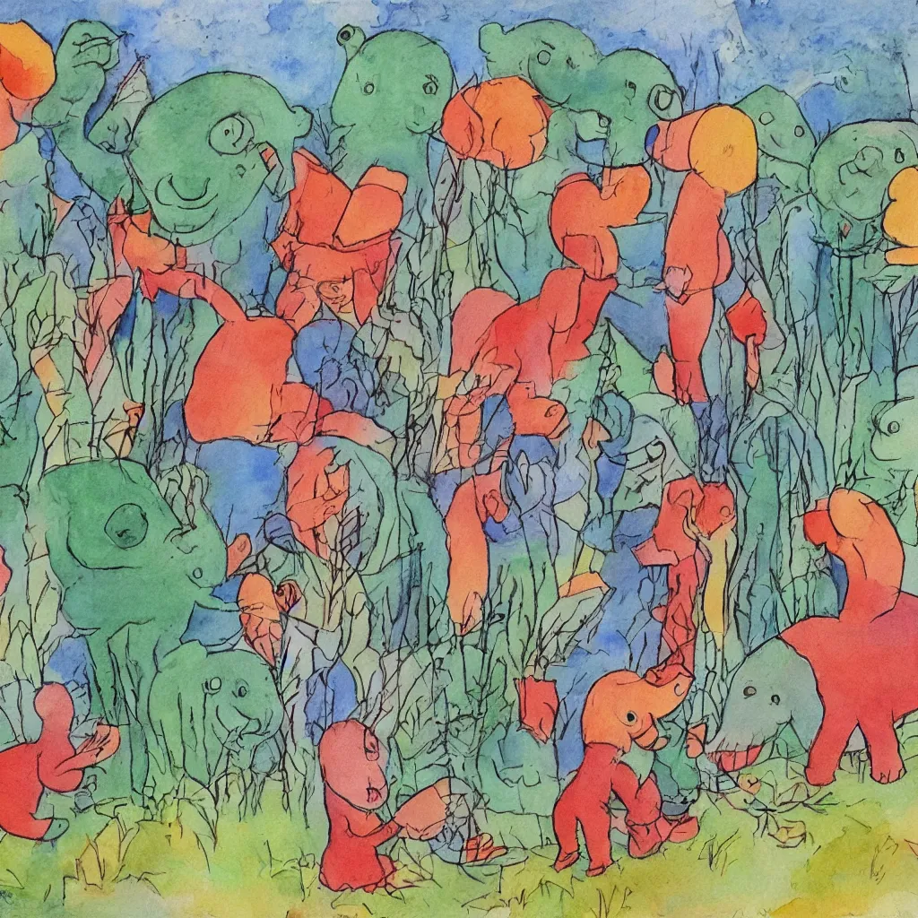 Image similar to babar discovers fire outsider art children's illustration watercolor painting