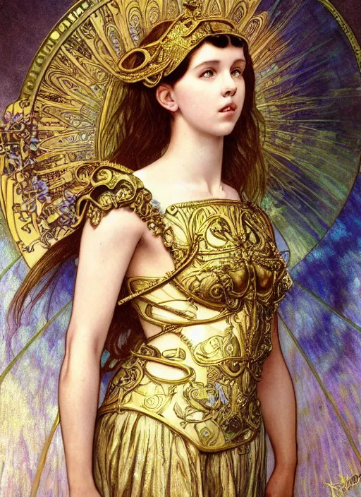 Prompt: realistic detailed painting of a 1 6 - year old girl who resembles millie bobby brown, as an angel with a golden halo wearing intricate, detailed art nouveau armor and silk, by alphonse mucha, ayami kojima amano, charlie bowater, karol bak, greg hildebrandt