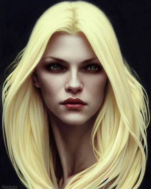 Image similar to portrait of a blonde vampire, dark, piercing eyes, gentle expression, elegant clothing, photorealistic, highly detailed, artstation, smooth, sharp focus, art by michael whelan, artgerm, greg rutkowski and alphonse mucha