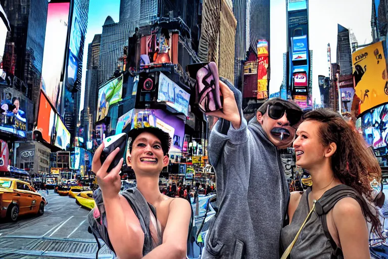 Image similar to n alien and a robot taking a selfie together in new york, times square, digital art by bob eggelton and jim burns