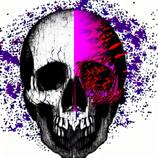 Prompt: skull glitch art with red and violet