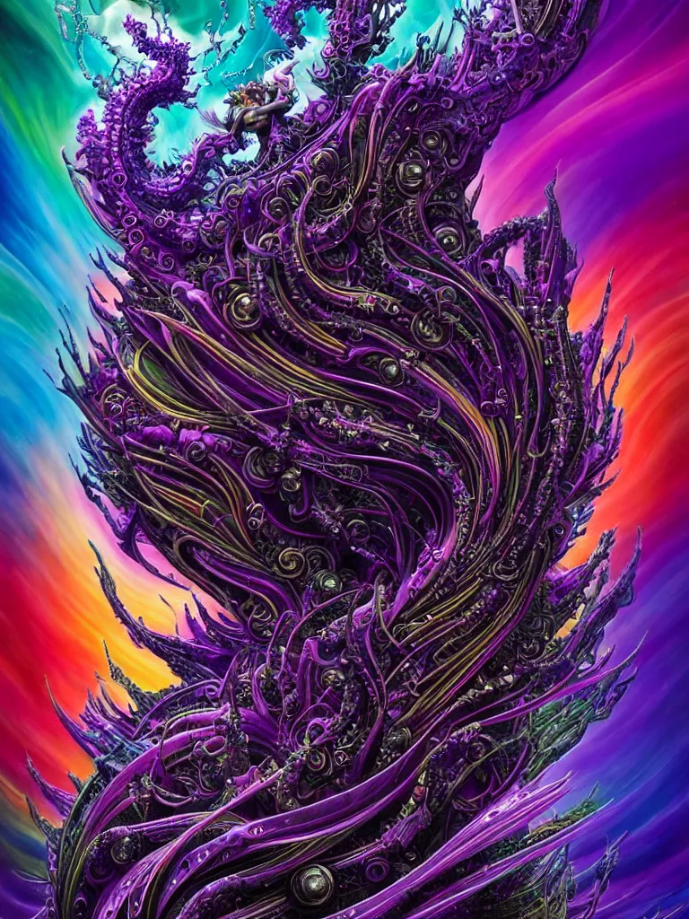 Image similar to depicting a wrathful technological nightmare monster god, in the style of lisa frank, exuberant organic elegant forms, by karol bak and filip hodas : : 1. 4 purple, red, blue, green, black intricate mandala explosions : : intuit art : : turbulent water backdrop : : damask wallpaper : : atmospheric