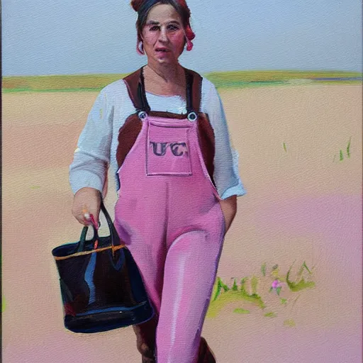 Prompt: a woman in pink overalls and brown boots, oil painting, gucci poster