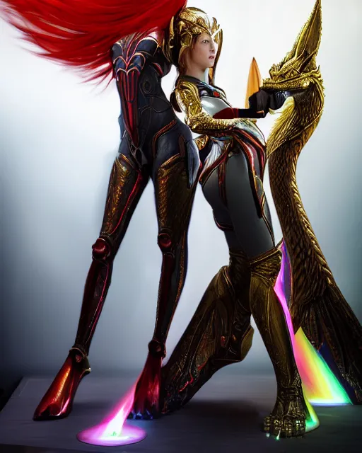 Image similar to red - haired final fantasy white marble egyptian pharaoh stroking her shiny rainbow dragon, warframe armor, regal, attractive, ornate, sultry, beautiful, elize theron, pretty face, green eyes, scifi platform, 4 k, ultra realistic, epic lighting, illuminated, cinematic, black gold, art by alexandra petruk, voidstar