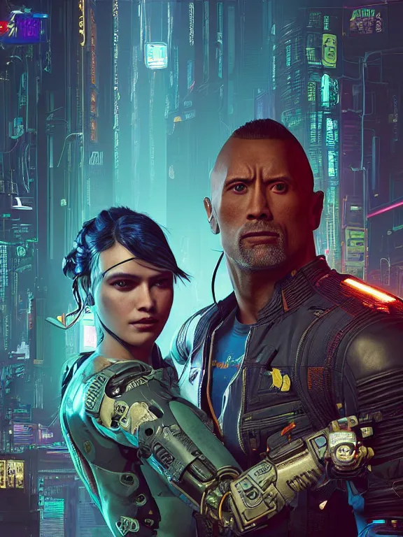 Image similar to a cyberpunk 2077 wedding portrait of Dwayne Johnson and a female android,complex mess of cables and wires behind them connected to giant computer, love,film lighting, by laurie greasley,Lawrence Alma-Tadema,William Morris,Dan Mumford, trending on atrstation, full of color, highly detailed,8K, octane,golden ratio,cinematic lighting