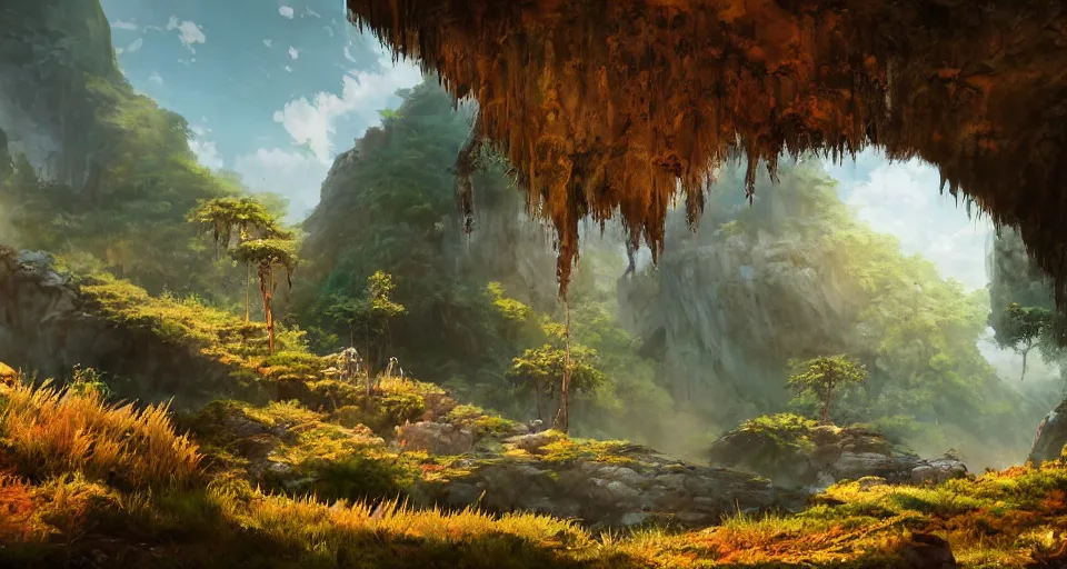 Image similar to An epic fantasy anime style landscape painting of a Neanderthal cave, unreal 5, DAZ, hyperrealistic, octane render, dynamic lighting