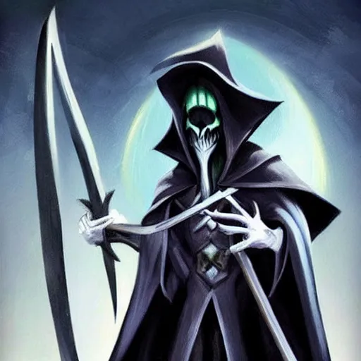 Image similar to Karthus from League of Legends as a grim reaper, holding a scythe, wearing a cloak, epic detail, night