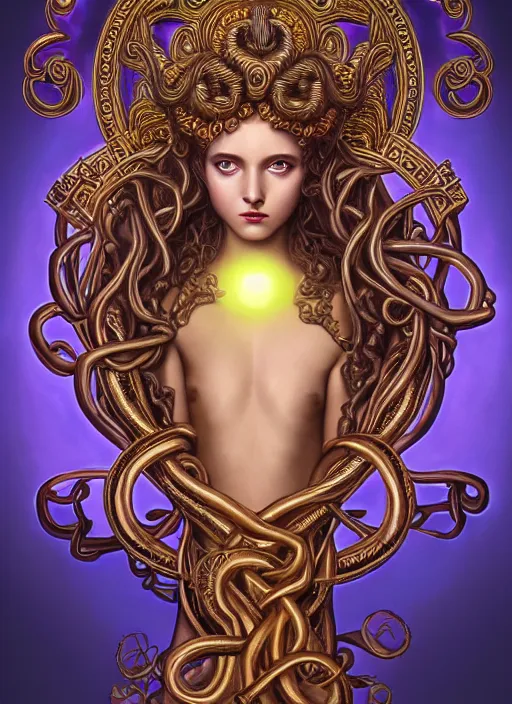 Prompt: professionally-painted ultradetailed ornate RPG award winning masterpiece illustration of beautiful symmetrical Medusa radiating glowing aura, fully clothed with an art nouveau flowery dress, digital airbrush painting, 3d rim light, hyperrealistic, artstation, cgsociety, kodakchrome, golden ratio