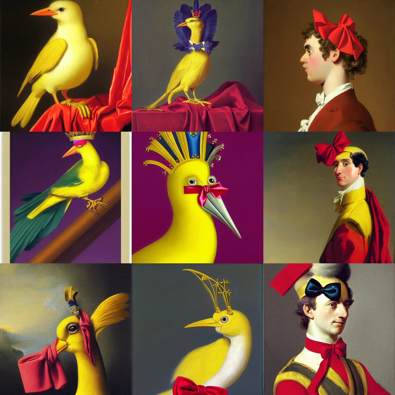 Prompt: an elegant yellow bird with a red bow tie and a crown, painting by jacques-louis david, purple background neoclassical, high quality, detailed, 4k