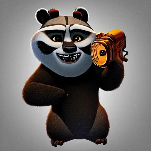 Image similar to “ portrait of a racoon in the style of kung fu panda holding laser gun, with a black background, digital art, award winning, trending on art station, retro style ”