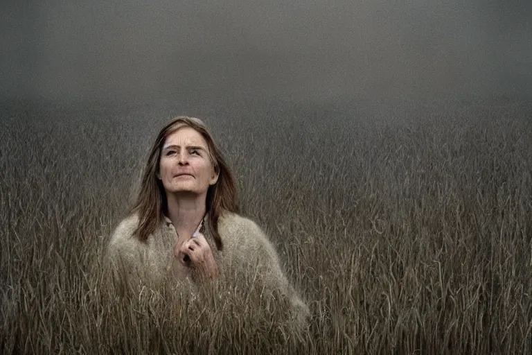 Prompt: a cinematic!!!! headshot portrait!!!! of a frozen middle aged woman stood in a field,!!! field on fire!!!, ultra realistic, depth, beautiful lighting, by!! annie leibovitz!!, by!! mattias adolfsson!!