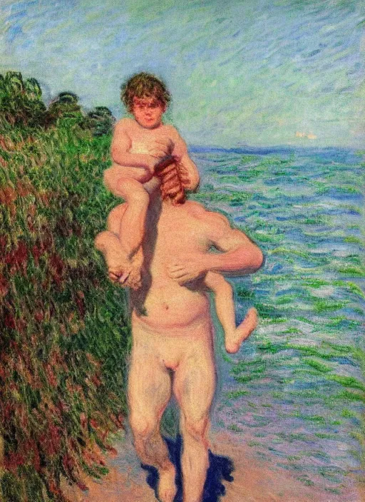 Image similar to a clothed man carrying his child over his shoulders walking near the beach, anatomically correct, painting by monet, masterpiece