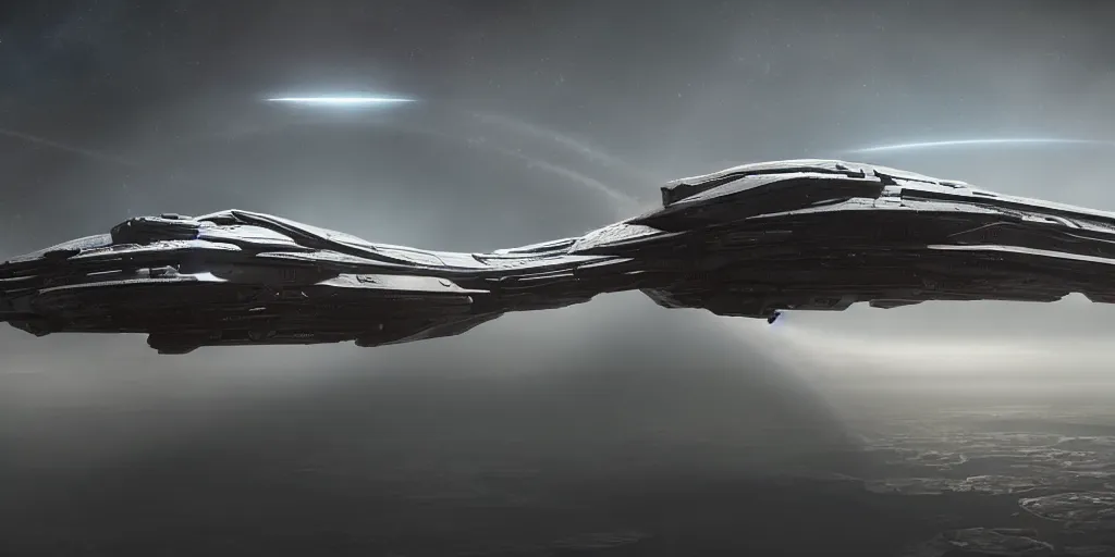 Image similar to a large detailed halo and homeworld spaceship detailed with streamlined design, elegant and beautiful very large and long floating over a barren dry land with an epic cloud formation on the background by James Paick and raphael lacoste , very detailed, octane render, 8k, scary and brooding, scary and dark, canon 24mm lens