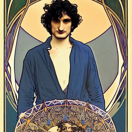 Image similar to louis garrel portrait by louis - theophile hingre and alphonse mucha, realistic, sharp focus, zodiac signs, tarot cards, planets, ethereal, art nouveau, magic, moon, sun, crown, dreamy, royal, jewellery