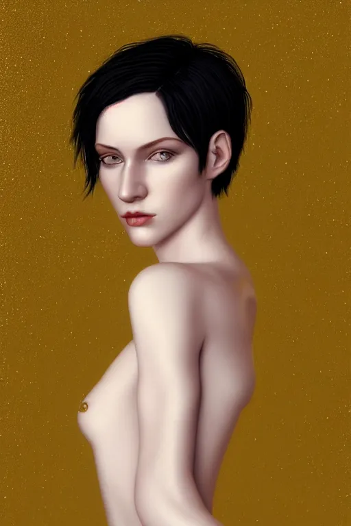 Image similar to Portrait of a beautiful pale skin Nordic female with short black hair, elegant, photorealistic, highly detailed, artstation, smooth, sharp focus, gold ornaments, neon lighting, sci-fi, art by Klimt.