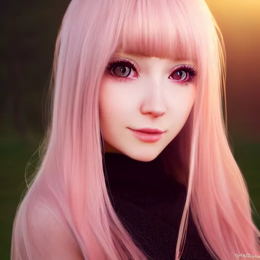 Prompt: beautiful intricate photograph of nikki from shining nikki dress - up game, a cute young woman, light pink hair, long hair with full bangs, full heart - shaped face, amber eye color, pale skin, light blush, chinese heritage,, smiling softly,, golden hour, soft focus, 8 k, hyperrealism, hyperdetailed